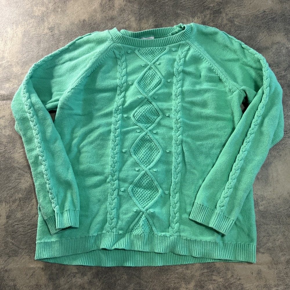 Talbots Sweater Women's XL Lime Green Cable Knit Cotton Crew Pullover